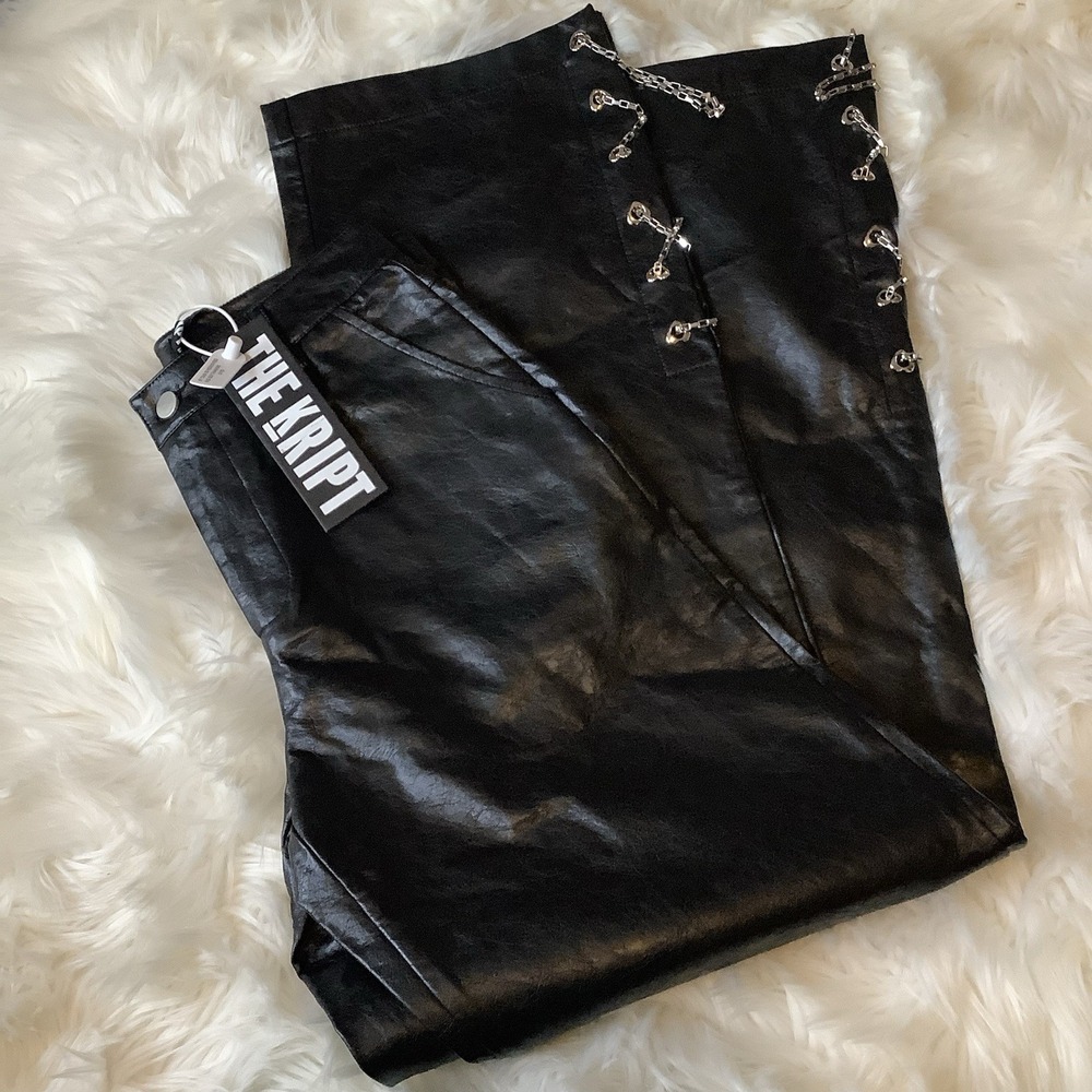 NWT THE KRIPT Pants Goth, Punk Black Sz Medium Zip Front Long Tie 32" Inseam
